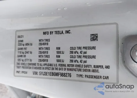 2021 Tesla Model 3 Long Range Dual Motor All-Wheel Drive from USA, damaged, VIN 5YJ3E1EB6MF988276